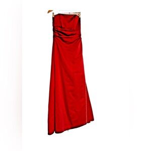 Raylia Designs Lace Up Corset Back Red Evening Gown with Beading and Slit